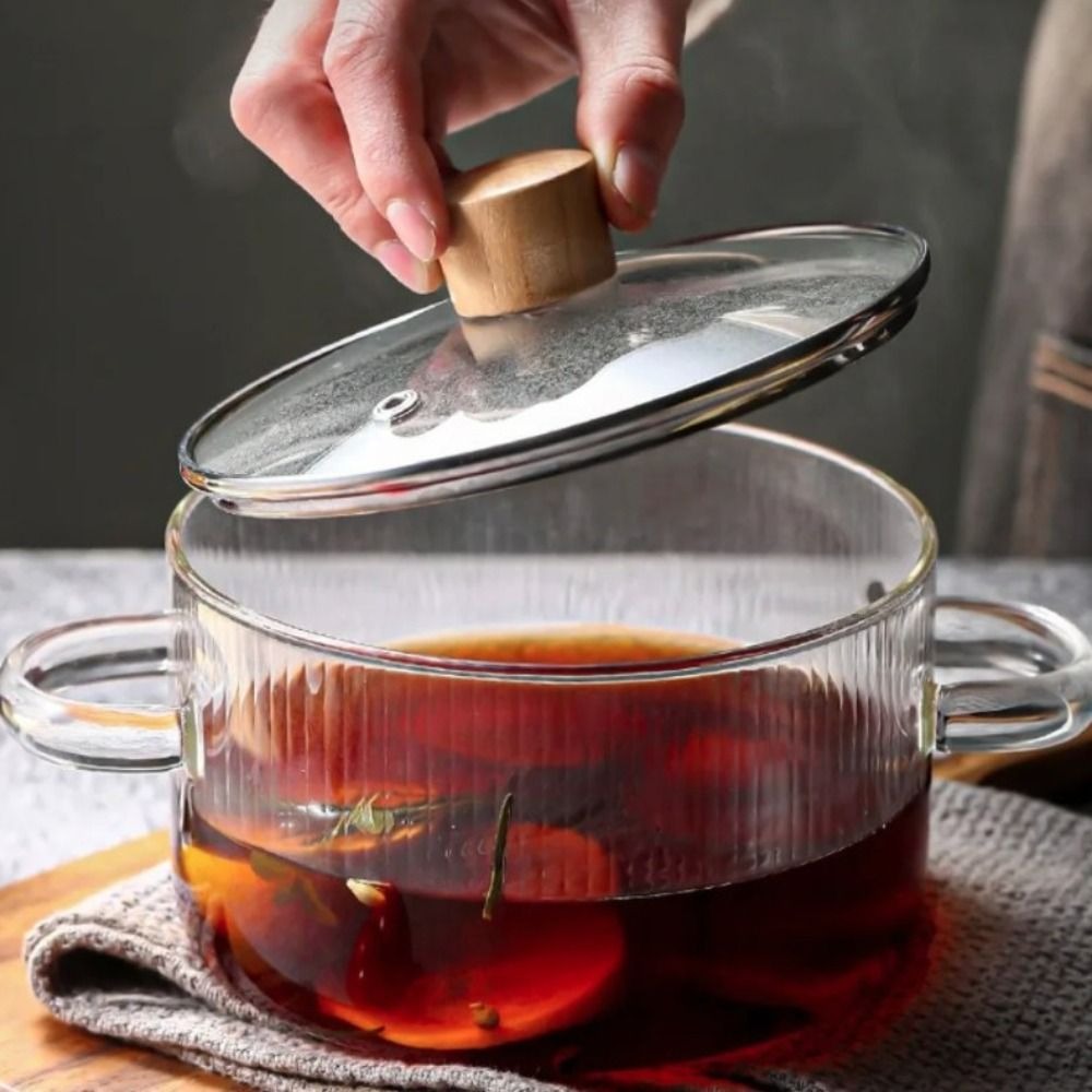 Cacerola de vidrio de borosilicato alto de 1,6l, olla de cocina con mango Binaural resistente al calor con tapa, tazón de fideos transparente Ramen