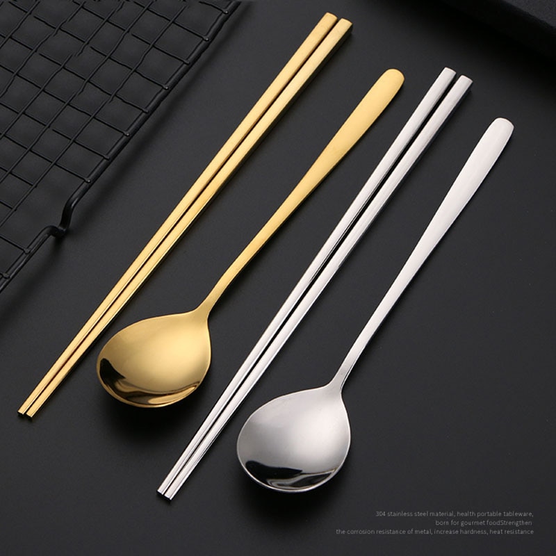 18/10 Korean Stainless Steel Food Chopsticks Spoon Set Long Handle Non-slip Chopsticks Dessert Spoons Dinnerware Set
