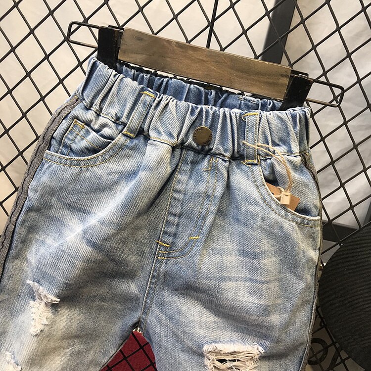 Vintage Hole Children Cowboy Trouser Fold Baby Boys Jeans Spring High-end Breathable Cotton Kids Boys Ripped Denim Pants