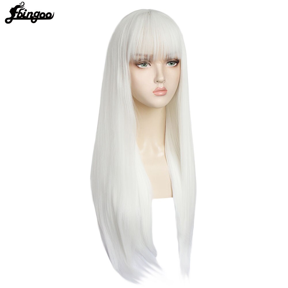 Ebingoo】-gorro de pelo + fibra blanca de alta temperatura, peluca larga de pelo sintético con flequillo para mujer, color blanco, gris, marrón y rosa