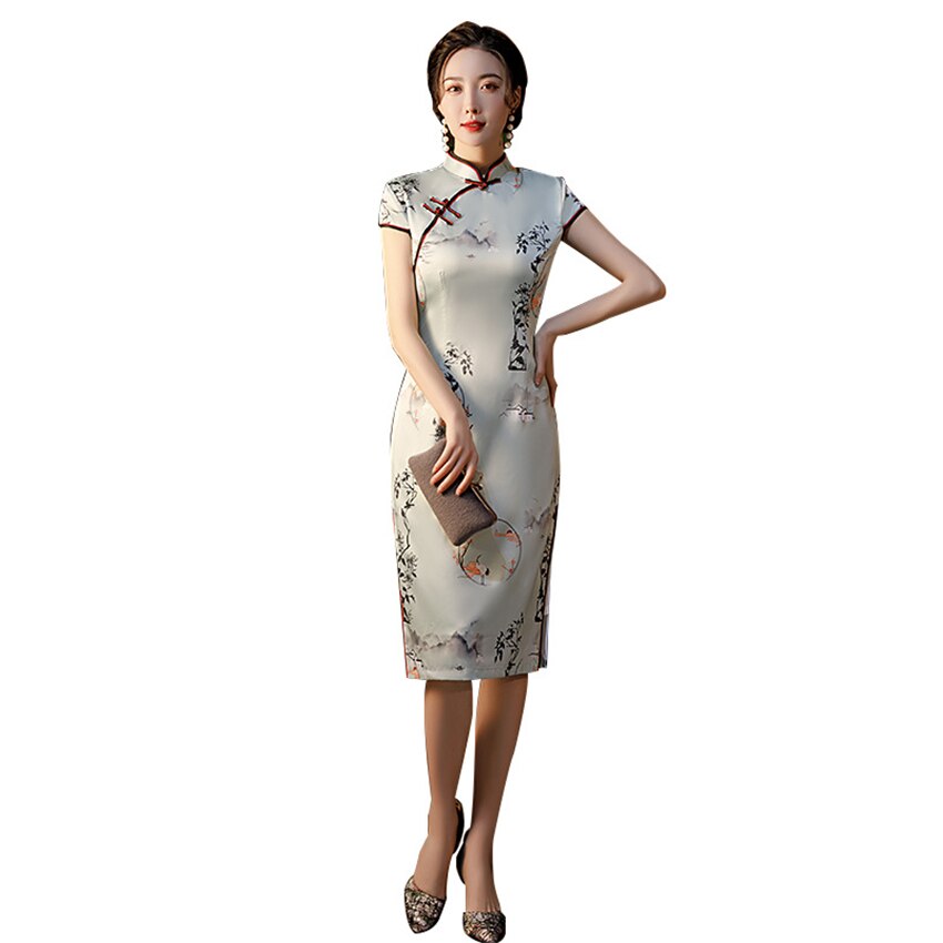 2022 Traditionele Chinese Kleding Voor Vrouwen Sexy Elegante Verbeterde Qipao Bloemenprint Jurk Banket Side Slit Strakke Cheongsam