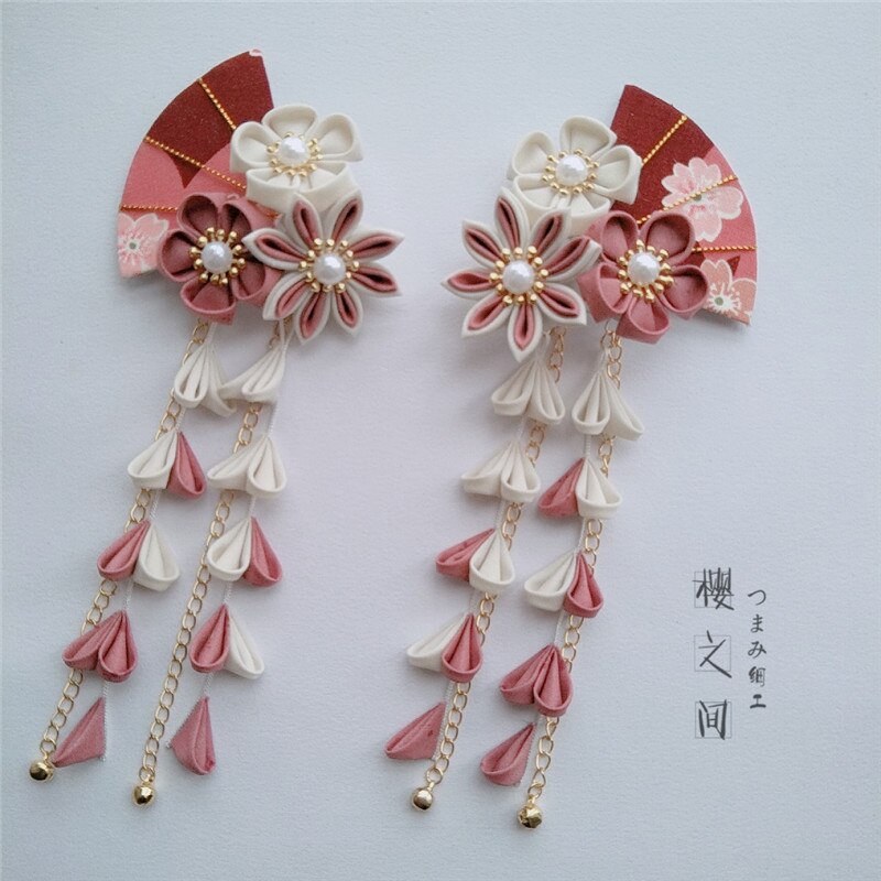 Épingle à cheveux japonaise Sakura, pince à cheveux, Tsumami zaiku pour Kimono Yukata Geisha, longues Barrettes à pompon, accessoires pour cheveux faits à la main, Cosplay