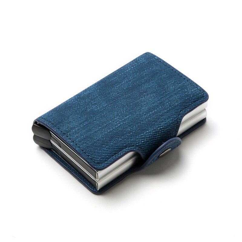 BISI GORO Anti-theft Double Boxes Wallet RFID Blocking Card Holder Denim Business Pop-up Metal ID Case: YM002 Blue