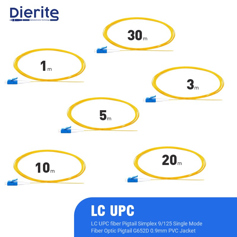 3m 10pcs/Package Single Joint LC UPC Fiber Pigtail Simplex 9/125 Single Mode Fiber Optic Pigtail G652D 0.9mm Yellow PVC Jacket