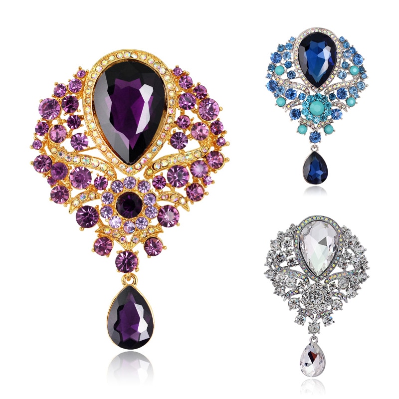 Women Men Brooch Wedding Bridal Bouquet Clear Crystal Diamante Rhinestone Teardrop Dangle Brooch Pin