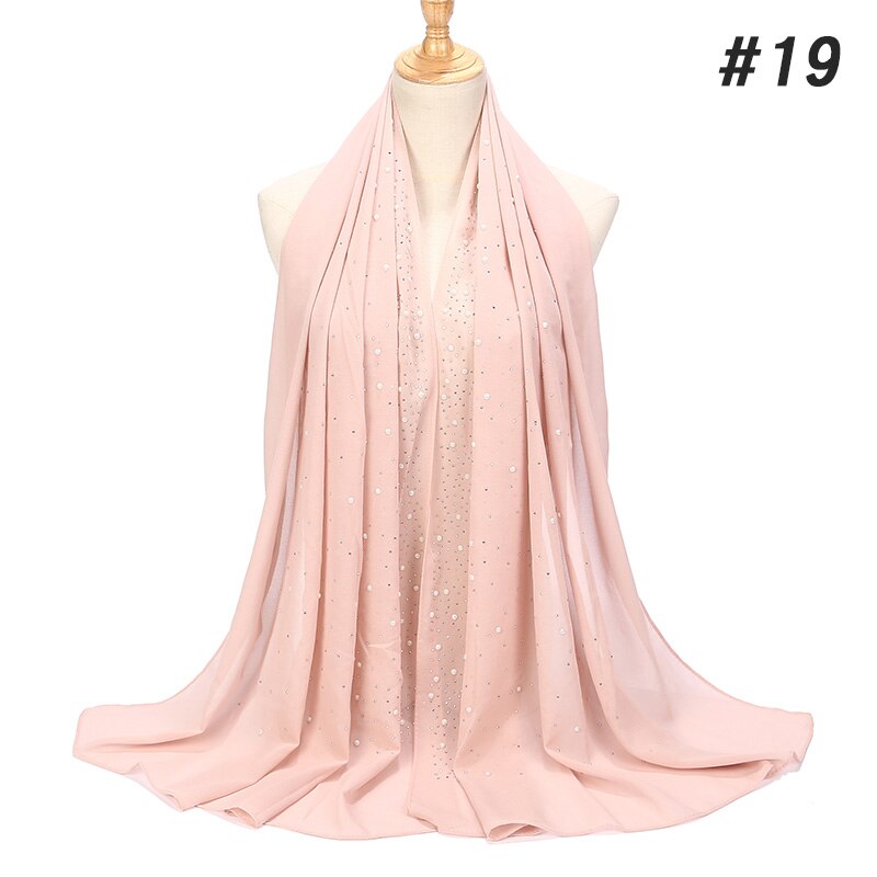 1 Pc Vrouwen Bellen Chiffon Sjaal Met Diamant Studs Parels Sjaal Vlakte Hijab Sjaals Wraps Effen Kleur Moslim hijab Sjaal: color 19