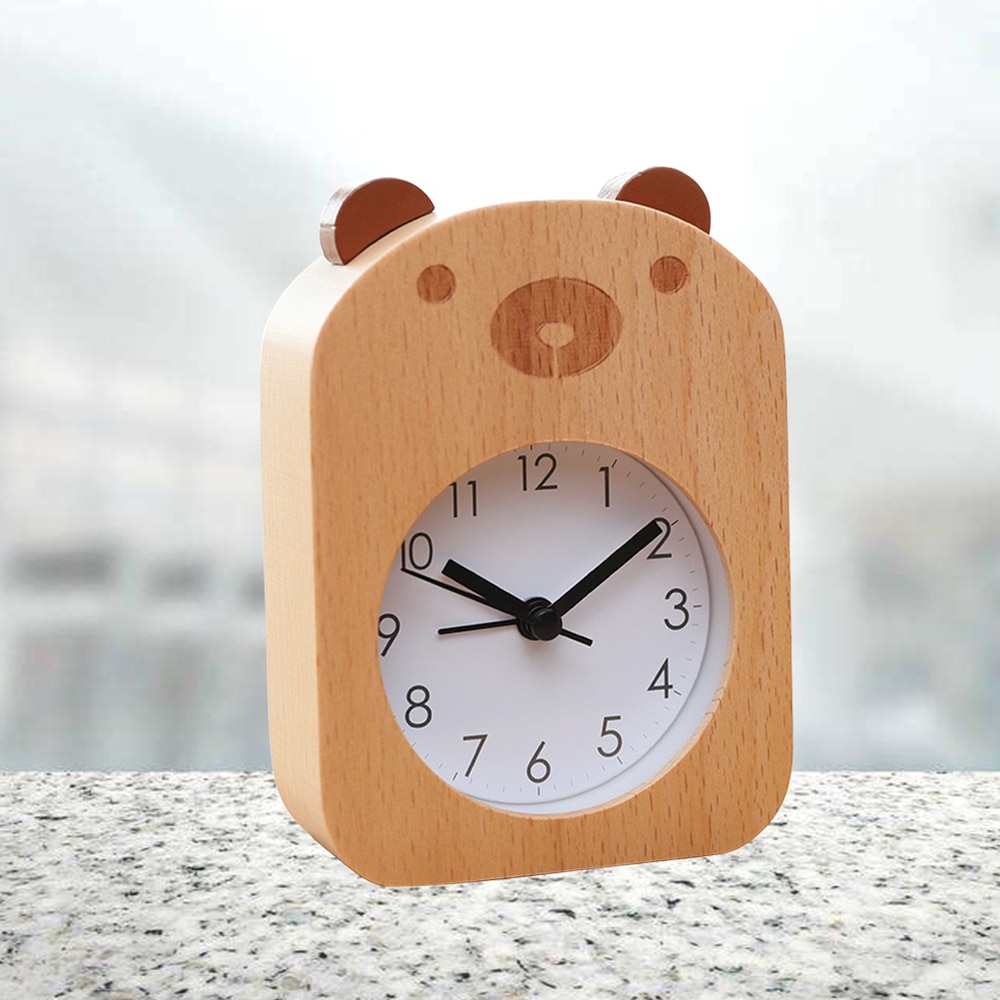 Beech Table Clock Bear Pattern Mute Alarm Clock Mechanical Clock for Student Worker without Battery