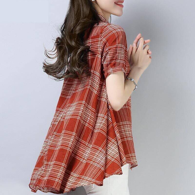 Vrouwen Lente Zomer Stijl Katoen En Linnen Blouses Shirts Lady Casual Losse Stijl Plaid Gedrukt Blusas Tops DF3718