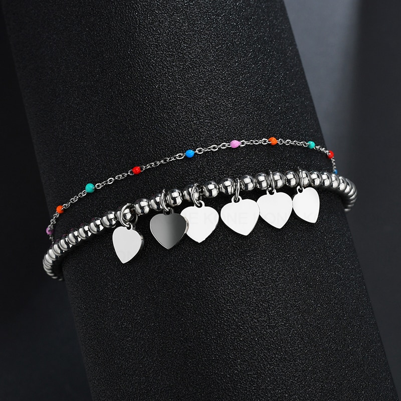 Uzone roestvrijstalen armband met kleine hartjes en dubbele laag verstelbare kralenkettingen voor vrouwen, meisjes, bruiloft, pulsera