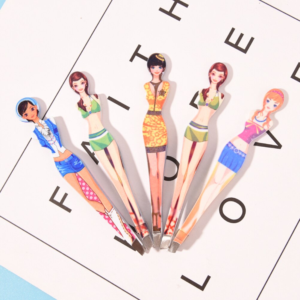 Bikini Girls Eyebrow Tweezers For Lady Cosmetic Tweezers Stainless Steel Slanted Edge Clip Hair Remover Printed Style Random