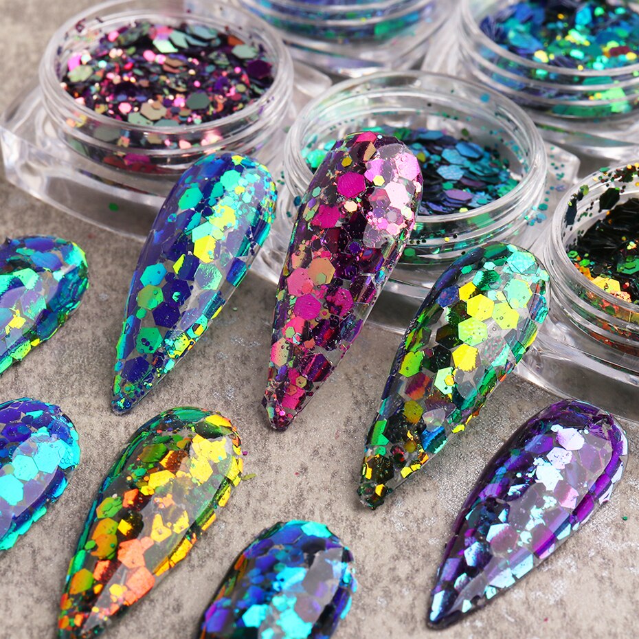 1 caja de Paillettes de uñas camaleón 3D, lentejuelas brillantes de sirena, lagarto, lentejuelas brillantes, arte de uñas hexagonales, decoraciones para manicura BE1904