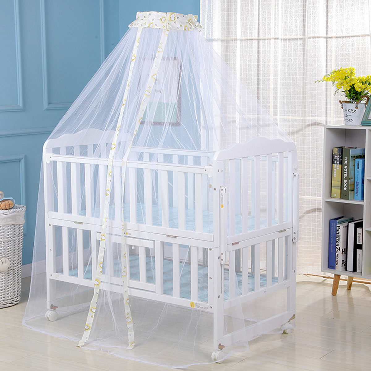 Myggenet baby seng myggenet mesh kuppel gardinet til småbørneseng barneseng baldakin blå hvid farve dropshipp: Hvid