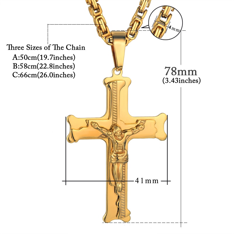 Stainless Steel Big Jesus Cross Pendant With Long Chain Men&#39;s Gold Color Crucifix Necklaces Male Religious Jewelry