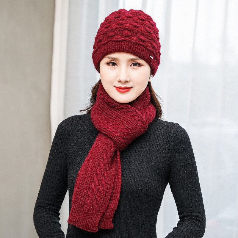 Hat Scarf Set Female Women Knitted Caps Scarf Set Hats and Scarves Sets Windproof Warm Winter Scarf Hats for Mother: 2 / Hat with  scarf