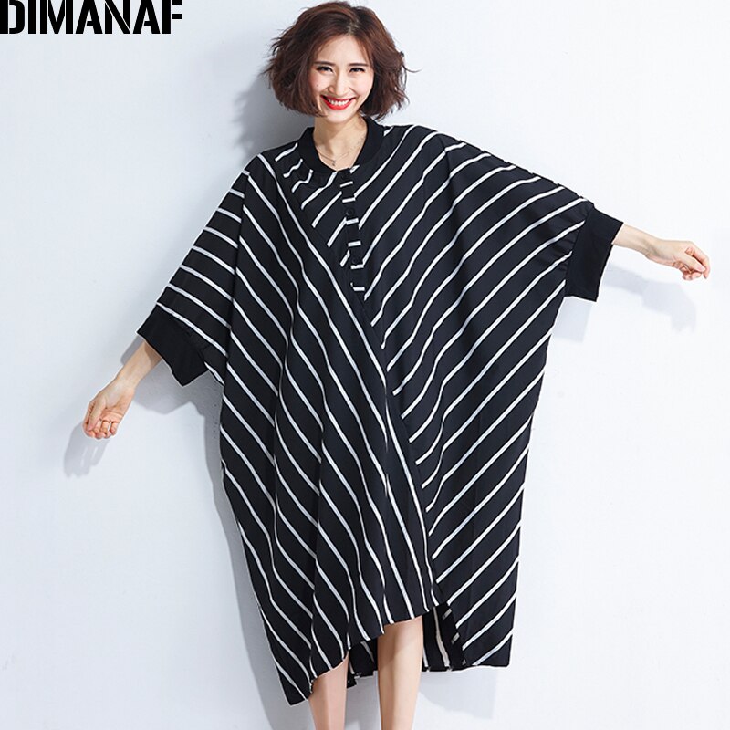 Dimanaf kvinder sommerkjole plus size femme dame vestido løs stort stort tøjprint stribet sort afslappet kjole med flagermusærmer