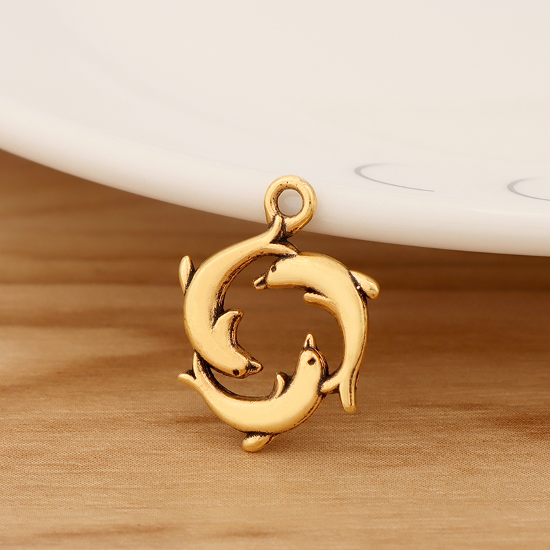 20 Pieces Tibetan Silver/Gold Color Dolphins Triple Dolphin Circle Round Charms Pendants for DIY Jewellery Making 20x16mm