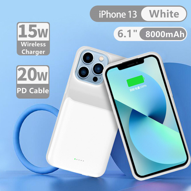 Power Bank Charging Cover For iPhone 13 Mini 13 Pro Max Battery Case Qi Wireless Fast Battery Charger Cases For iPhone 13 Pro: White For iPhone 13