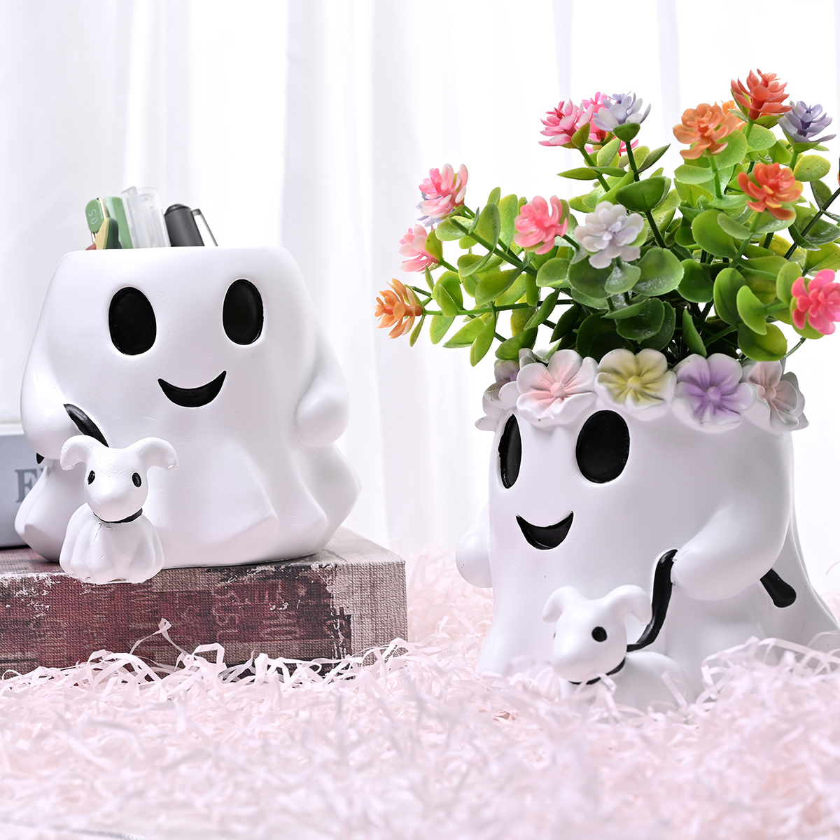 Schattige halloween-spookbloempot - griezelige decoratie van hars voor op je bureau of plank, gotische tuindecoratie