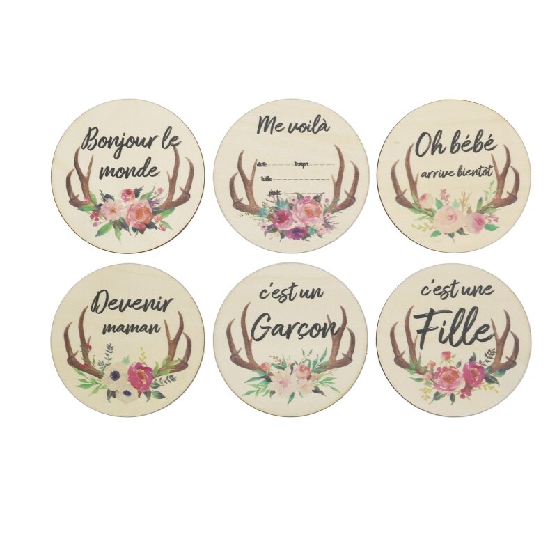 6 Stuks Handgemaakte Baby Milestone Kaarten Cartoon Herten Hoorns Bloemen Gedrukt Hout Carrd: 1-FH