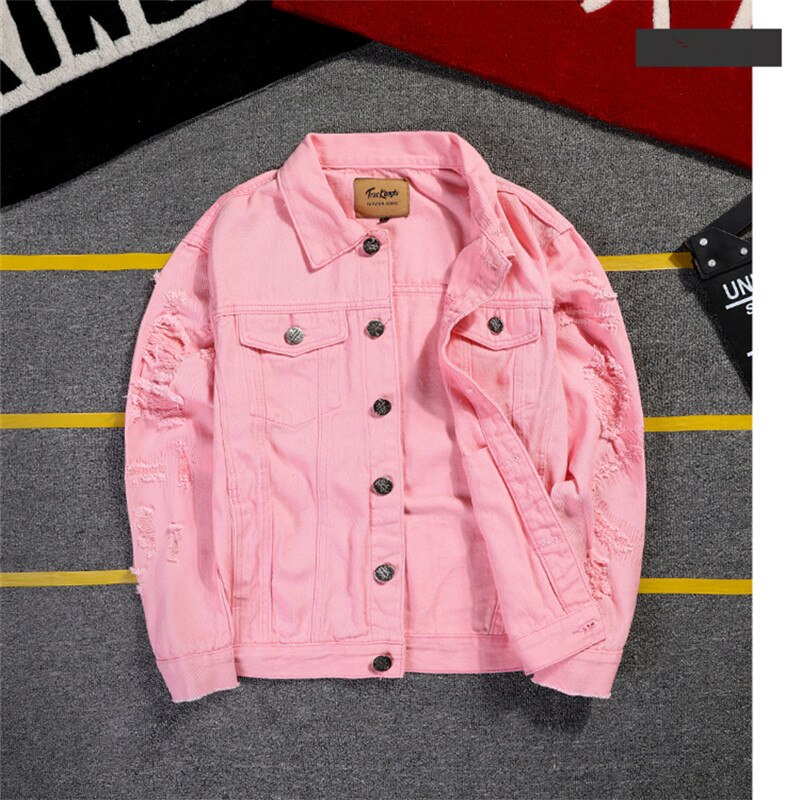 Men&#39;s pink denim jacket hip hop ripped streetwear leather: Pink / M