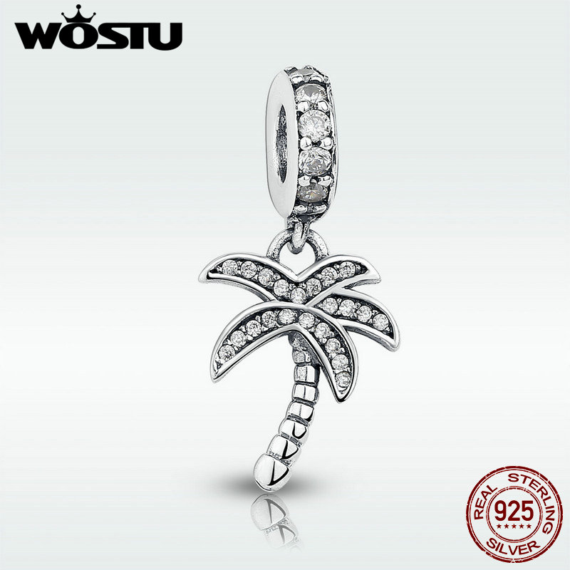 Real 925 Sterling Silver Sparkling Palm Tree Charm With Clear CZ Fit Original WST Bracelet Pendant Authentic Jewelry