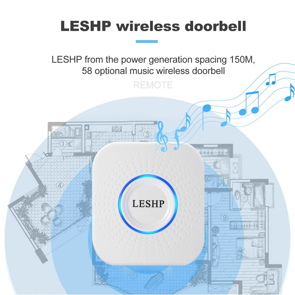 LESHP Music Wireless Doorbell 150M Long-distance Remote Control Night Light 58 pieces Chord Music with 2 US Plug