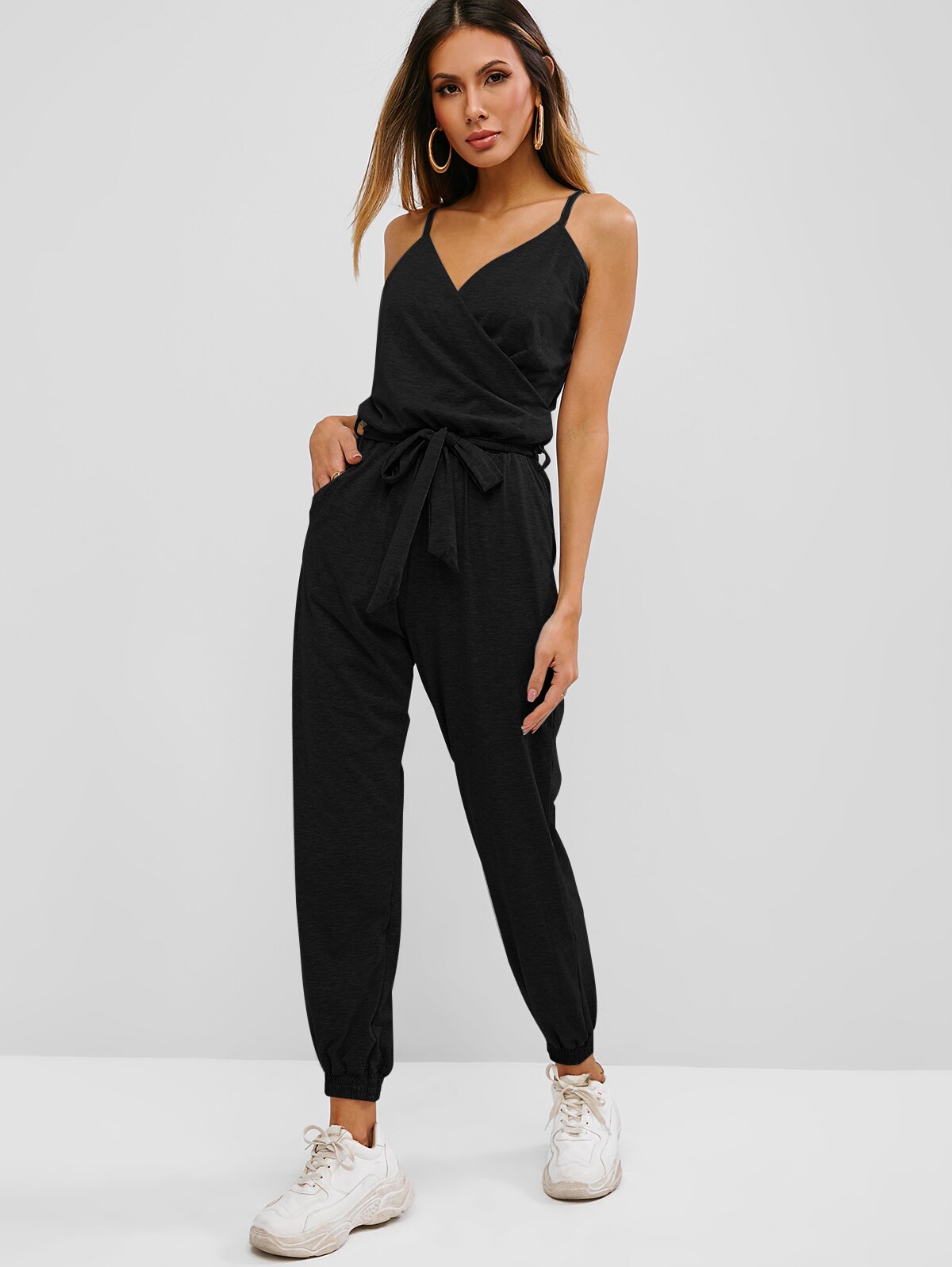 ZAFUL Women Jumpsuits Rompers Cami Belted Surplice Jogger Jumpsuit Solid V-Neck Loose Overalls Pants Casual Wear