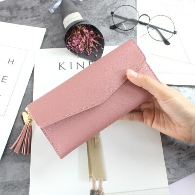 Lang læder pung dame punge tri-fold kvast dame pung pu pung hjerteformet vedhæng clutch kortholder telefontaske: Bønnerosa