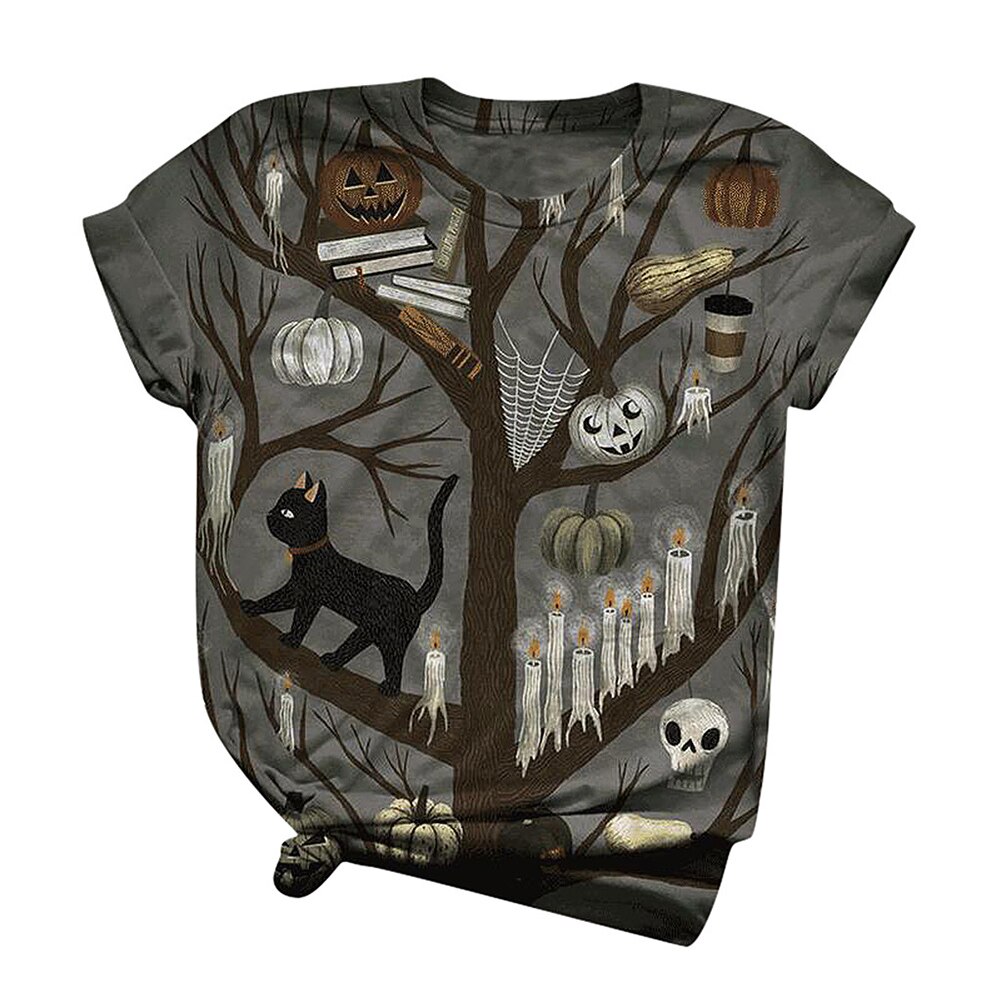 Halloween-print ronde hals casual t-shirt unisex halloween-patroon korte mouwen t-shirt top voor mannen vrouwen  hb88: Katten en bomen / Xxxl