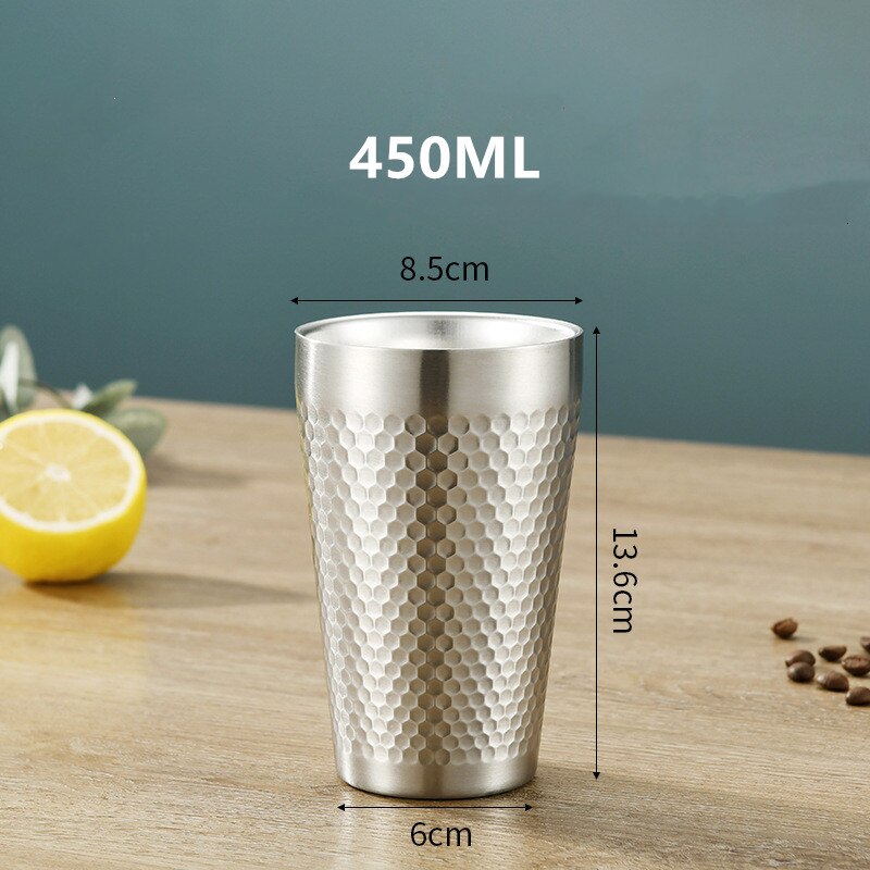 Insulation Anti-scalding Stainless Steel Cups Unbreakable Metal Drinking Beer Coffee Tea Cup Home Outdoor Activities BPA Free: Silver 450ML