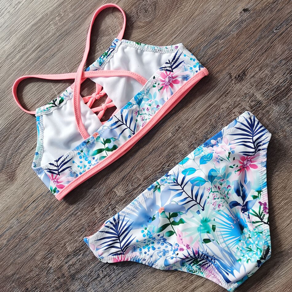 5-14 jahre Mädchen Badeanzug Aushöhlen Teenager Mädchen Bikini einstellen tropisch Blume freundlicher Bademode Mädchen Badeanzug beachwear