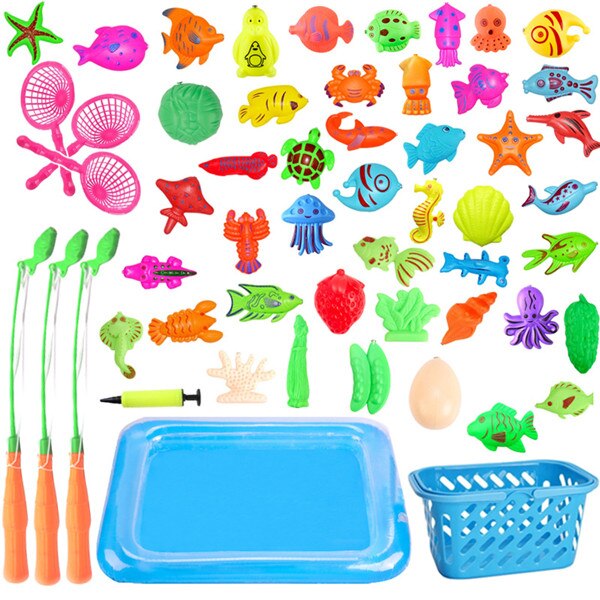 Juego de juguetes de peces con piscina inflable para niños, juguete de pesca magnético, Red de caña para niños, modelo para jugar, pesca, juegos al aire libre: 52pcs pool basket