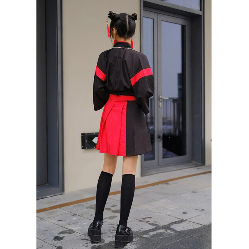 Japanischen Kimono Kleid Frau Schwarz Weiß Katze Stickerei Süße Mädchen Jahrgang Asiatische Kleidung Yukata Haori Cosplay Party 2 stück einstellen