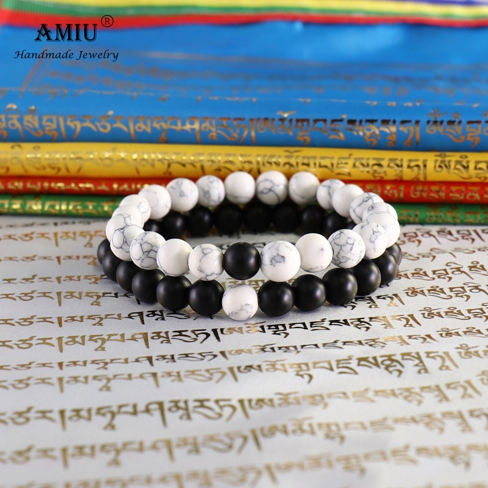 AMIU 2Pcs/Set Couples Distance Bracelet Classic Black And White Natural Stone For Man And Women Yin Yang Beaded Bracelet