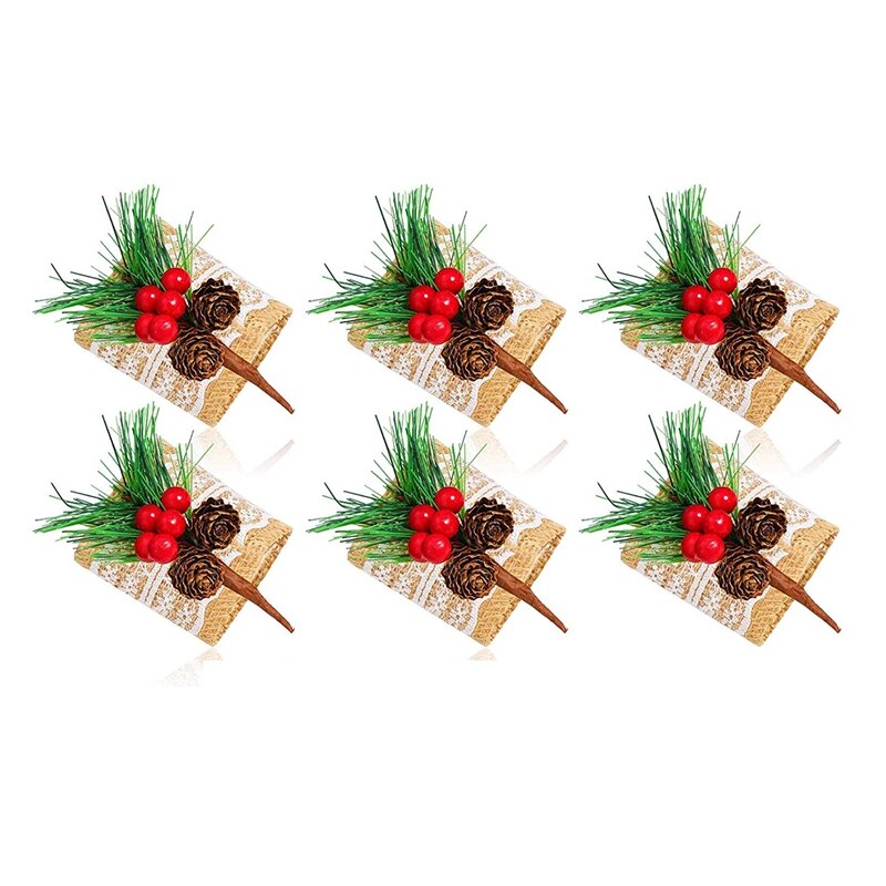6 Stuks Kerst Servetringen Jute Servet Houders Handgemaakte Door Kunstmatige Pine Kegels &amp; Bessen, Servet Gespen Voor Bruiloft: Default Title