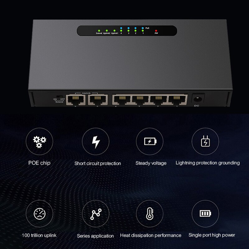 Commutateur Ethernet à commutateur POE 6 ports avec adaptateur secteur 48 V pour caméras IP réseau ou séparateur sans fil AP/4 PoE adapté à la vidéosurveillance