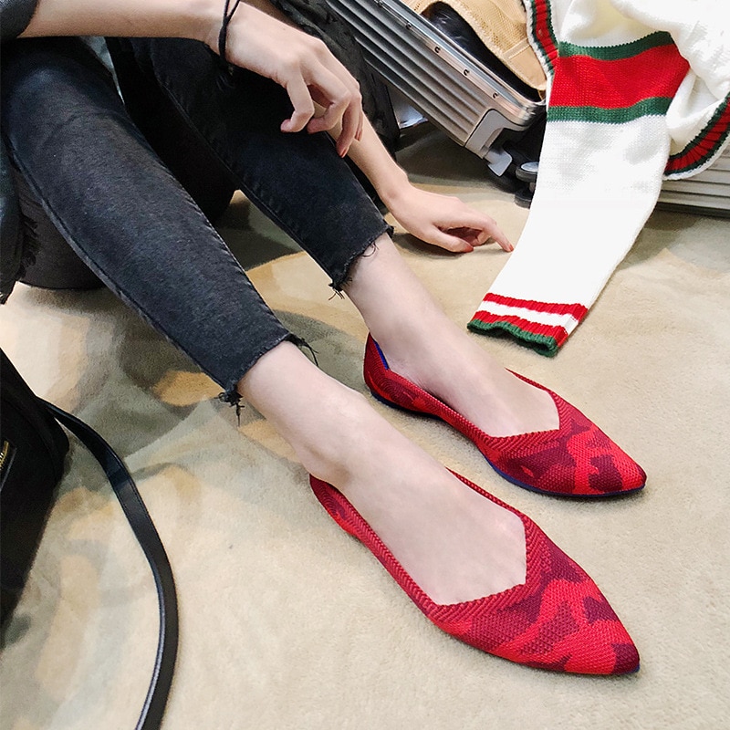 Beroemde Casual Boot Schoenen Vrouw Puntschoen Sapatos Stretch Breien Ballerina Flats Schoenen Lente Plus Size Roll-Up ballet