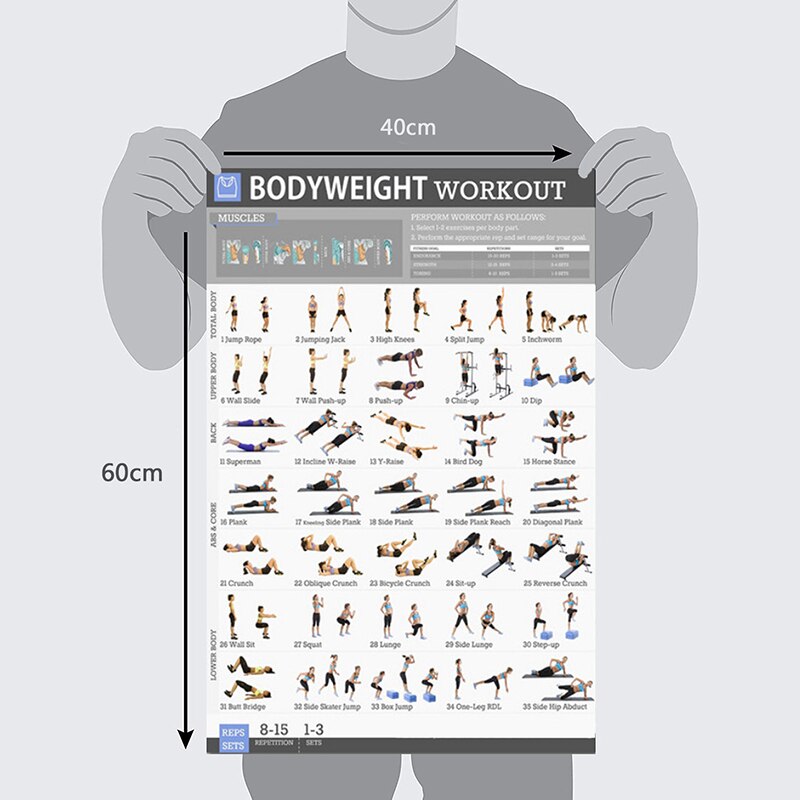 Bodyweight Exercise Poster Set Laminated 2 Chart Set Men and Women Body Weight Workouts for Home GYM Fitness