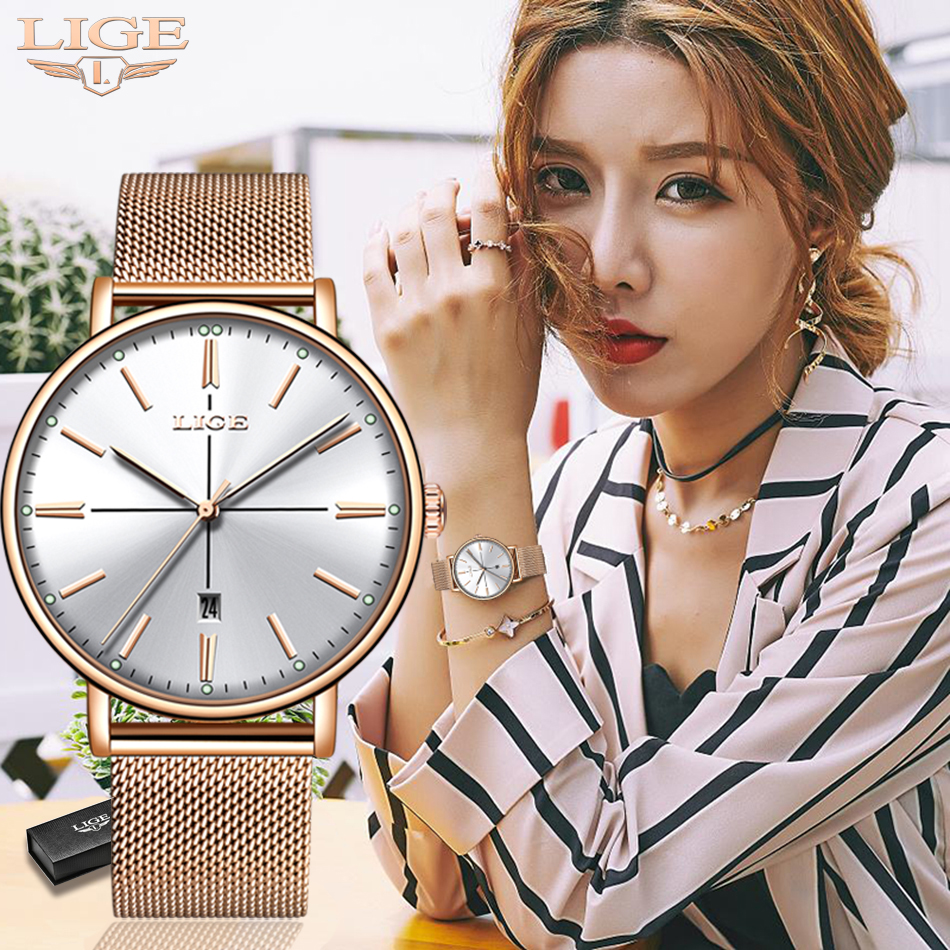 LUIK Vrouwen Horloges Rvs Mesh Riem Horloge Eenvoudige 13mm Ultra-dunne Quartz Klok Horloges voor Vrouwen