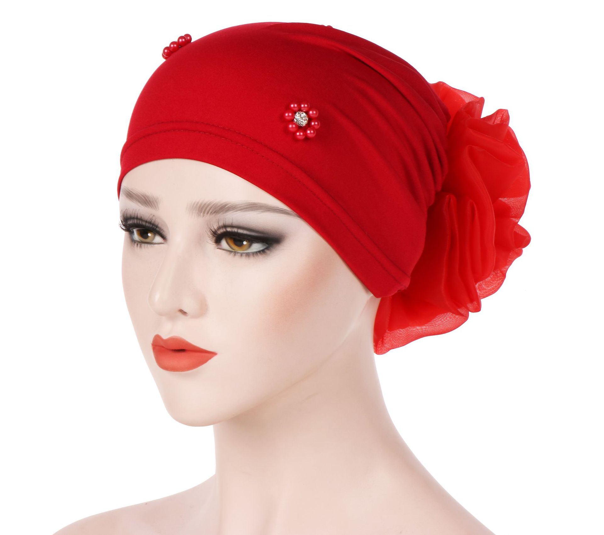 Braid Faux Pearl Muslim Women Turban Hat Solid Color Cap Hijab Headwrap: Red