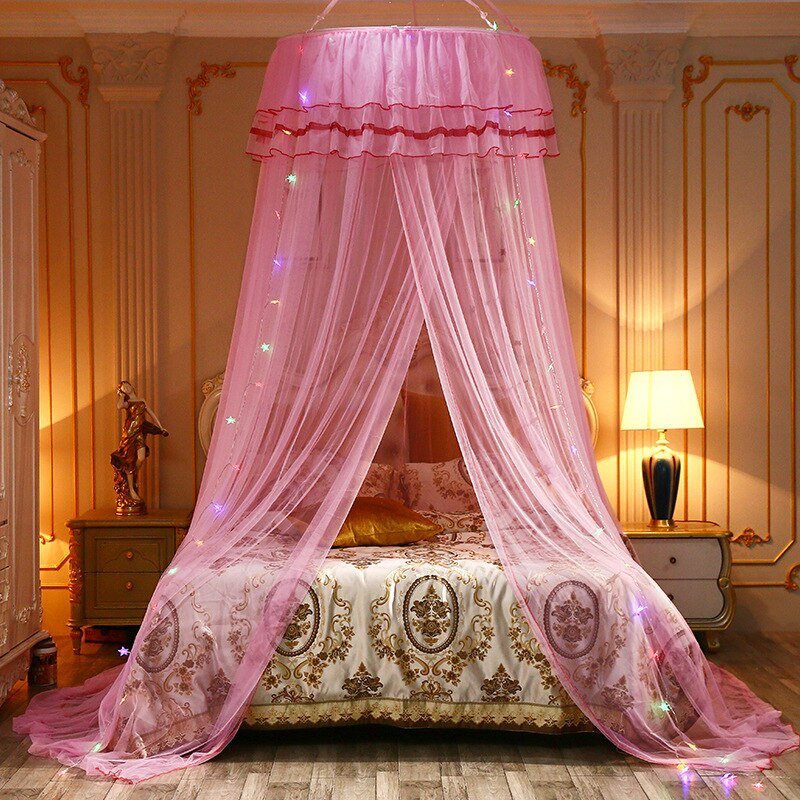 Ceiling-Mounted Mosquito Net Home Dome Foldable Bed Canopy Princess Tent Bed Curtain Twin Full Queen: rose red / without light
