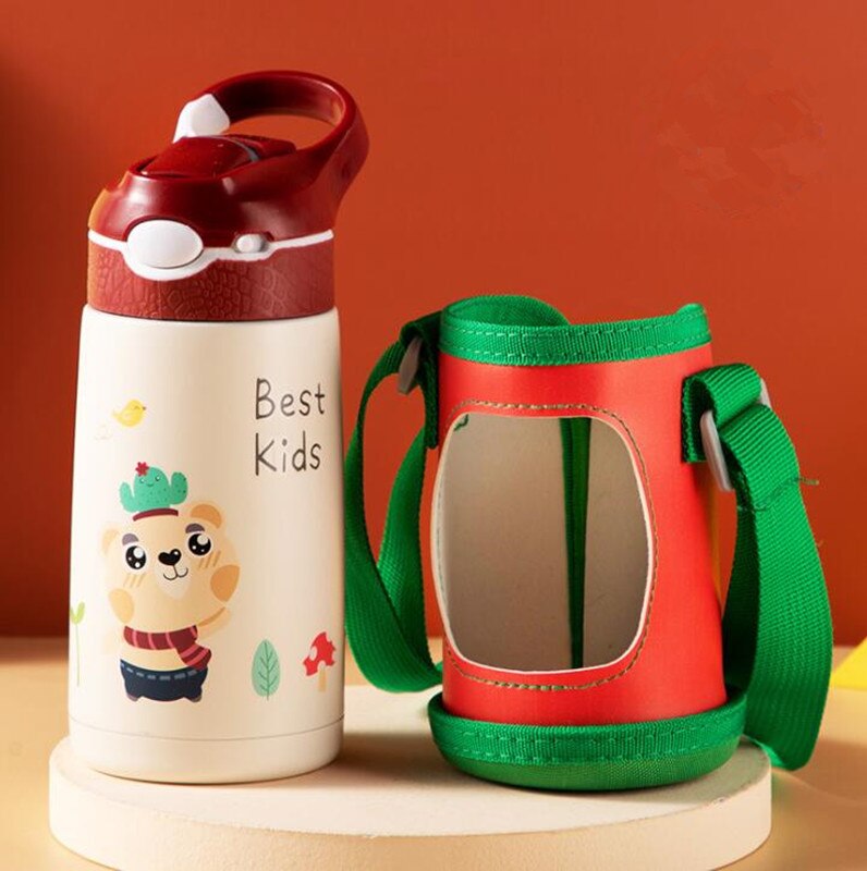 Bouteille d&#39;eau Thermos pour enfants de 400ML, tasse Thermos pour enfants, bébé canard, paille à billette, flacons sous vide en acier inoxydable 316, gobelet, tasse thermique: Red with bag