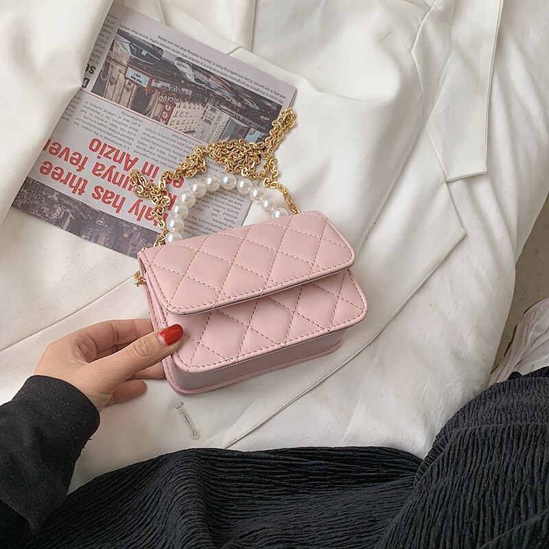 Lingge torba damska 2021 letnia nowa moda jedna torba na ramię kurierska łańcuszek z pereł przenośna mała torba kwadratowa torba na łańcuszku okrągła torba: Small Pink