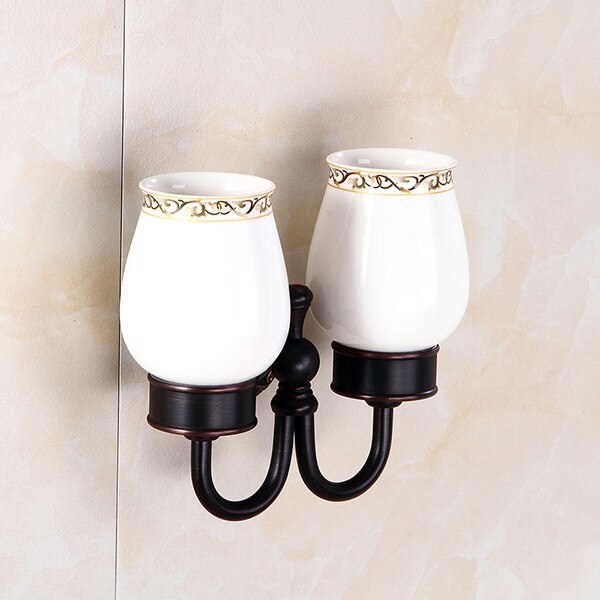 Messing Badkamer Accessoires Set Zwart Gepolijst Robe Haken Zeepbakje Toiletborstel Houders Wc Ringen Asbak Tissue Mand: Double Cups