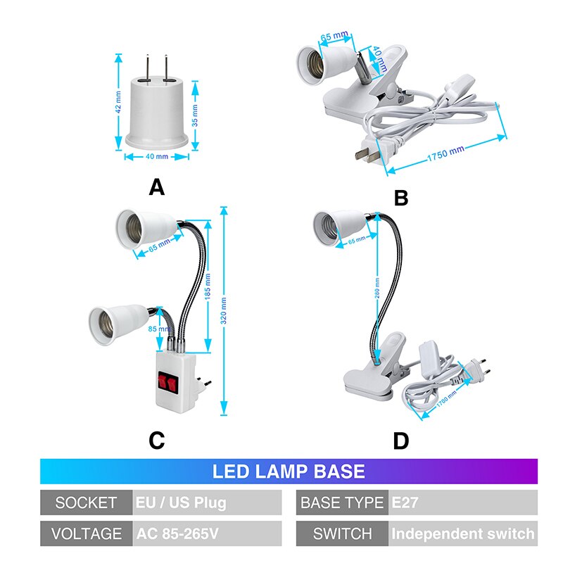 E27 flexibele lampvoeten, licht  ac85-265v verlengstukken, converter, aan/uit schakelaar, controle-led, lampadapter, houder, schroeffitting, eu/us-stekker