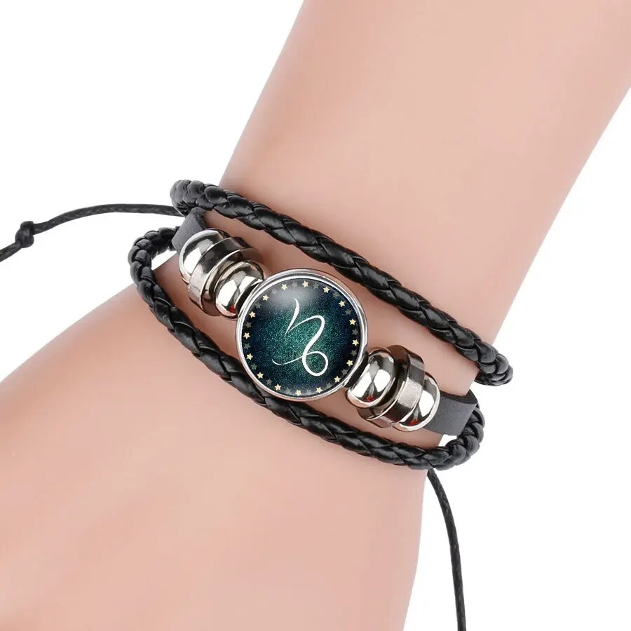 Pulsera luminosa de piedras preciosas artificiales de doce constelaciones; Pulsera tejida de 12 constelaciones de cuero PU con cuerda con cuentas