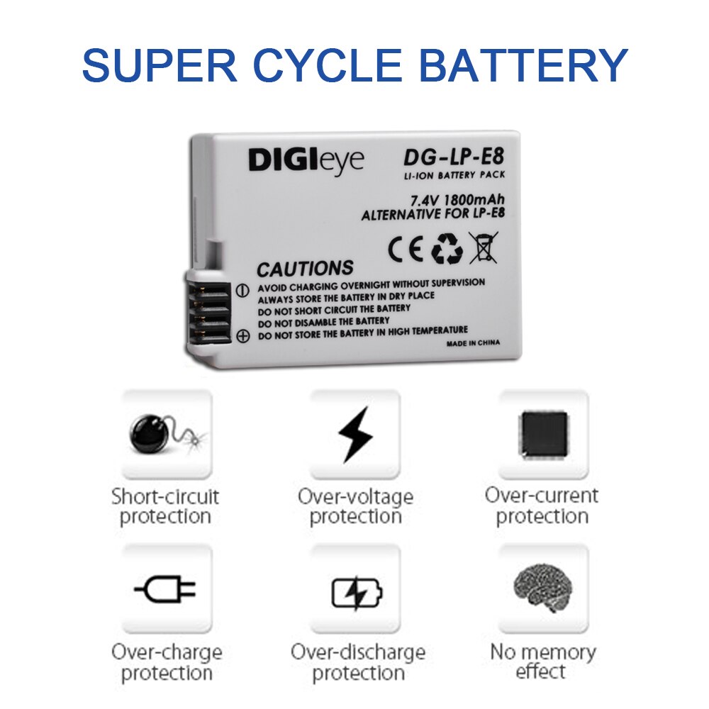 2 st 1800 mah lp -e8 lpe 8 lp e8 batteri för canon rebel  t3i t2i t4i t5i eos 600d 550d 650d 700d kiss  x5 x4 x6 kameror