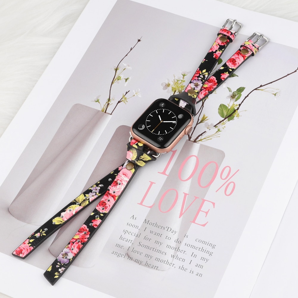 Toyouths dobbel skinnrem for apple watch serie 5 4 3 2 1 stropp for iwatch chic kvinner menn skinn 38mm/40mm /42mm/44mm
