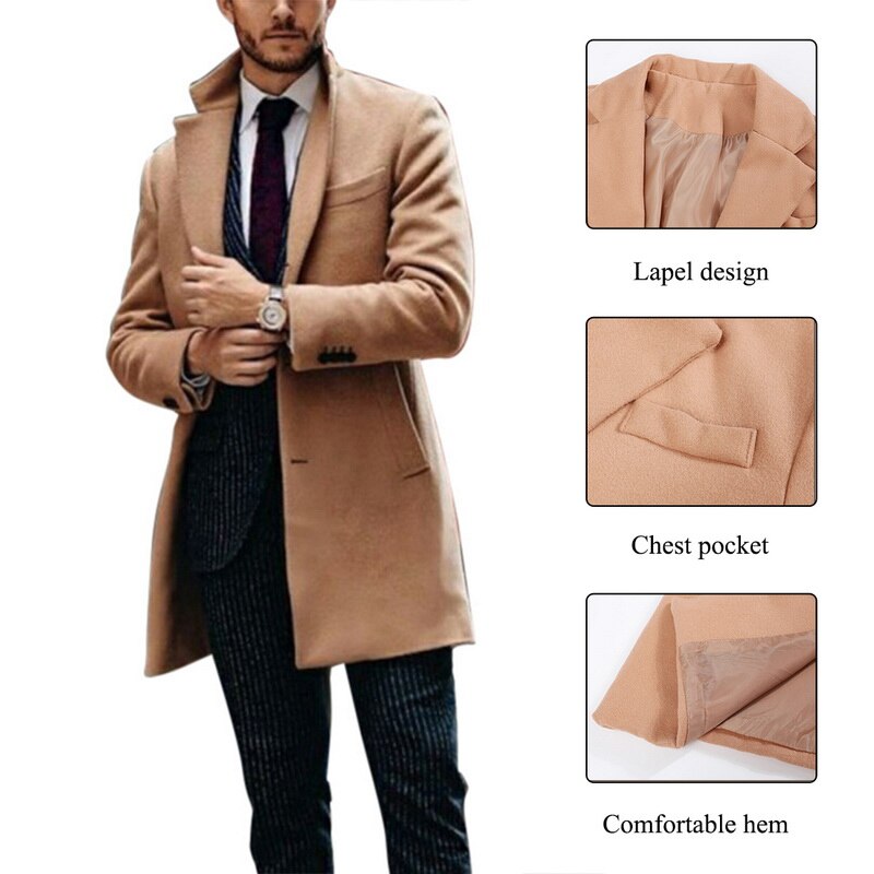 Puimentiua Winter Men Coat Mens Khaki Baggy Long Trench Coat, Classic Autumn and Winter Long Jacket, Men Casual Coat