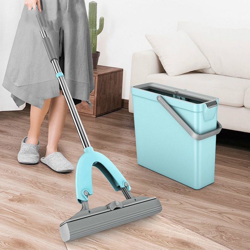 Balai serpillière à aspiration d'eau, éponge de nettoyage vertical, lavage à la main, humide et sec, double usage, serpillière domestique pliable avec seau